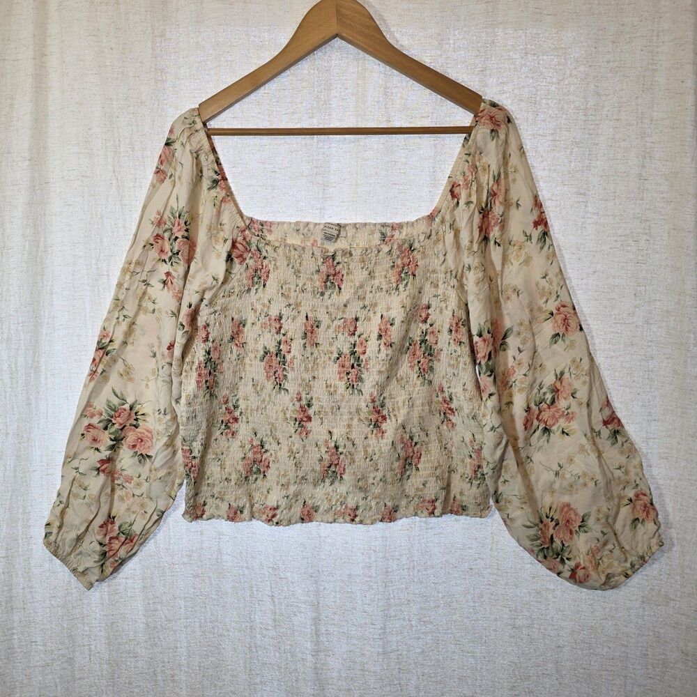 American Eagle Floral Smocked Crop Top Puff Sleeve Square Neck Cottagecore XXL
